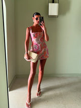 Model wearing the Brittany Floral Mini Dress in Pink to a girls day lunch 