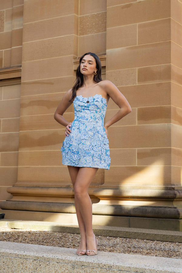Brunette model wearing Roseate Floral Mini Dress in Blue campaign posed shot