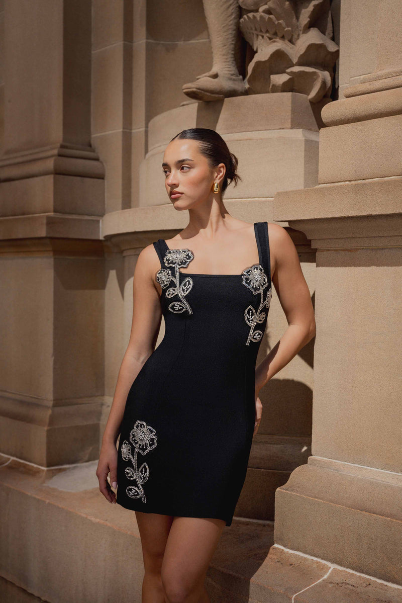 Soleil Party Mini Dress in Black close up campaign shot