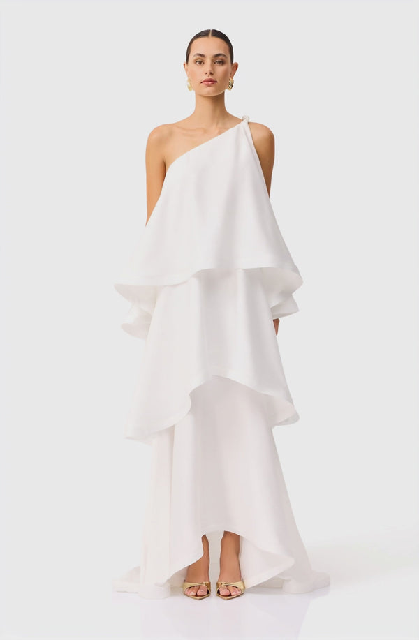 Brunette model wearing Tilly One Shoulder Maxi Dress in White video shot