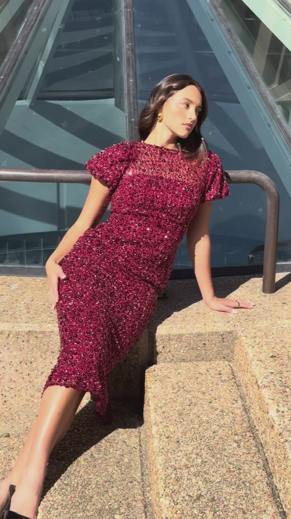 Carmen Puff Sleeve Midi Dress in Red campaign video 