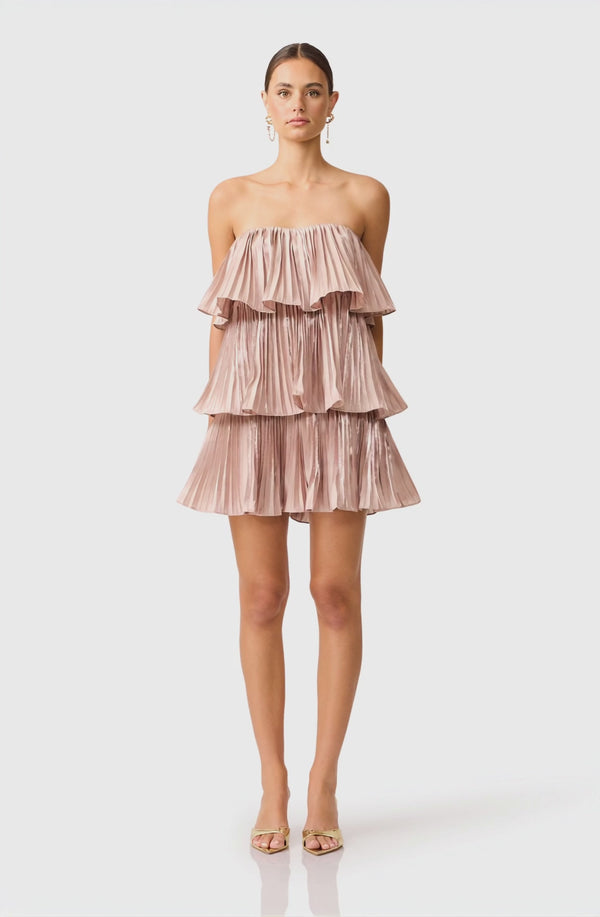 Brunette model wearing Lison Tiered Strapless Mini Dress in Pink video shot