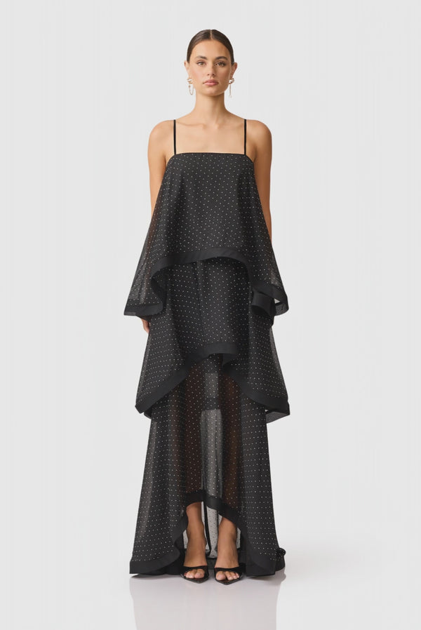 Brunette model wearing Moss Tiered Gown in Black video shot