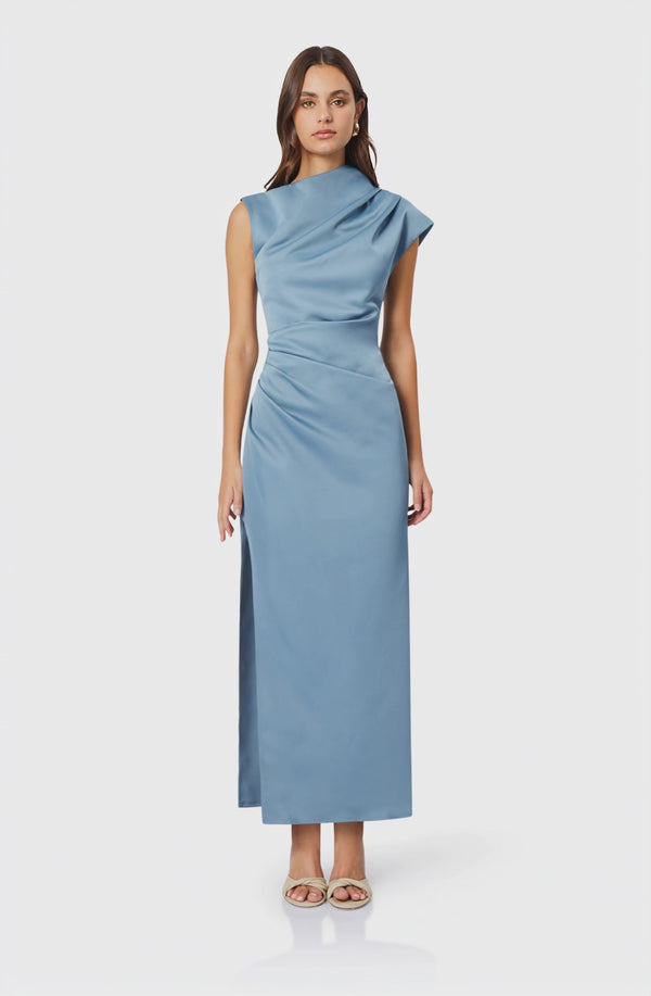 Brunette model wearing Coralie Maxi Gown in Blue video shot