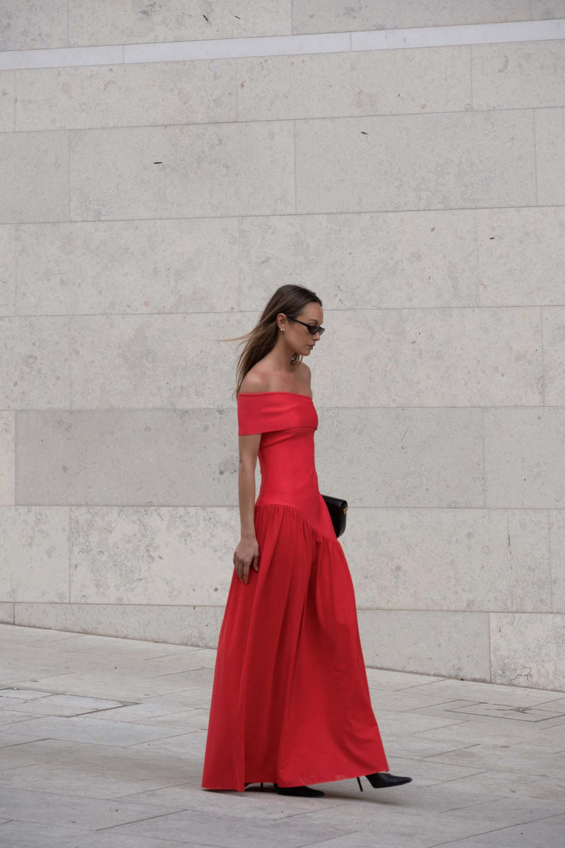 Brunette model wearing the Jesselle Off The Shoulder Gown in Red influencer campaign shot 